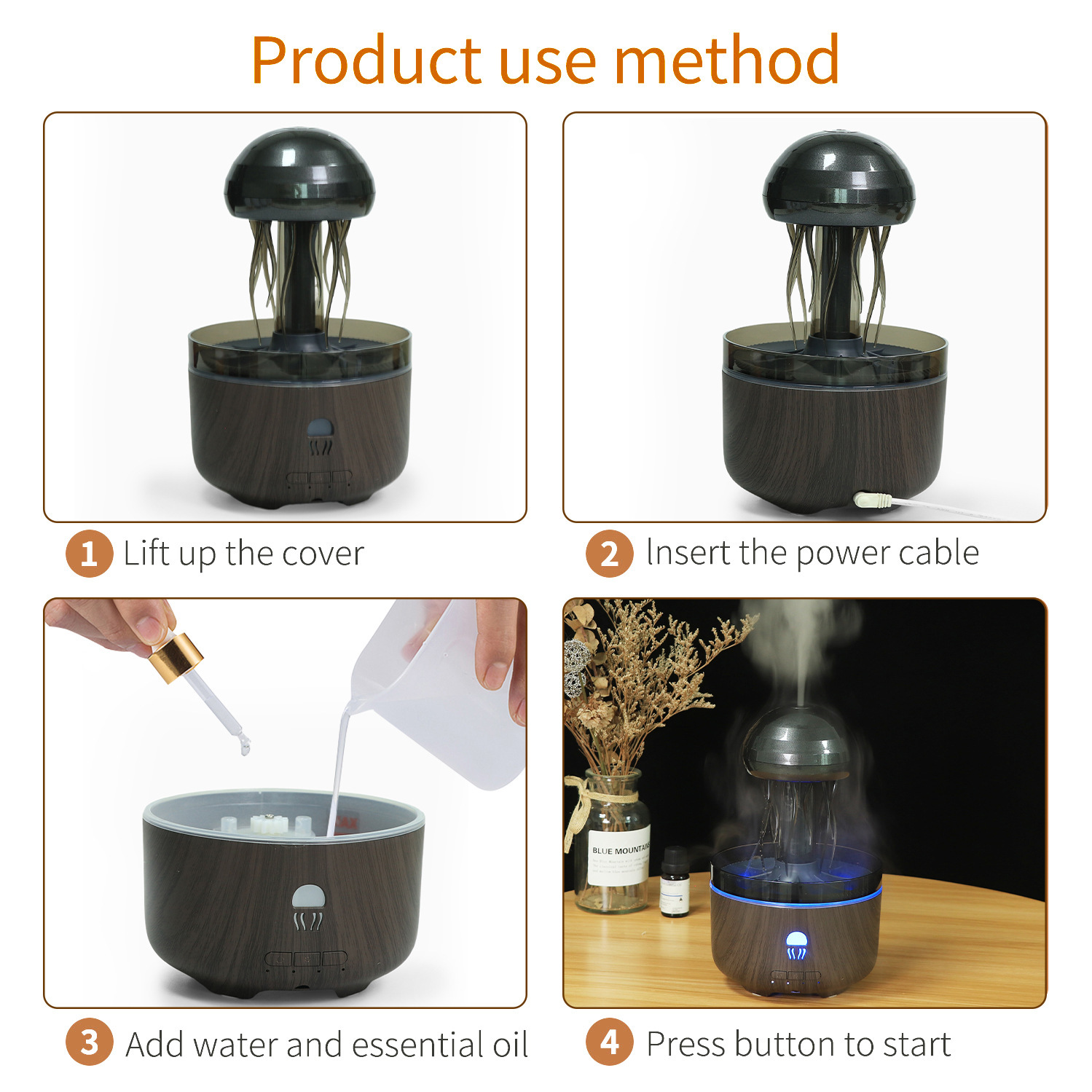 超声波雾化蘑菇香薰机深浅木纹喷雾仿水母旋转下雨氛围彩灯加湿器香熏机详情18