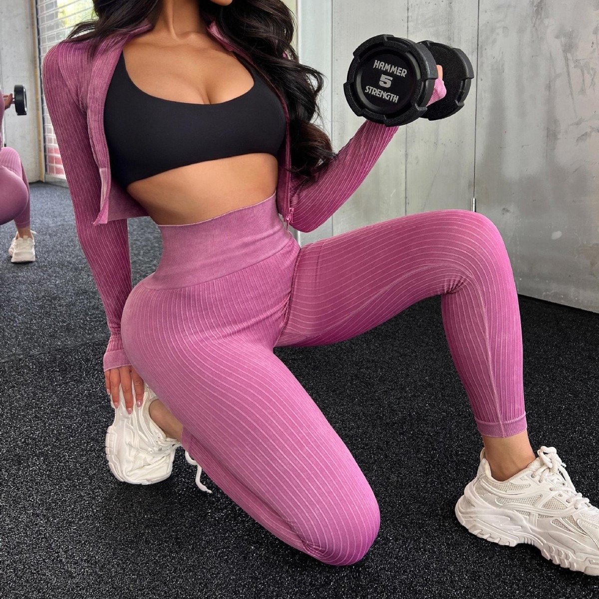 两件套欧美长袖拉链外套运动上衣女高腰性感提臀瑜伽长裤运动套装