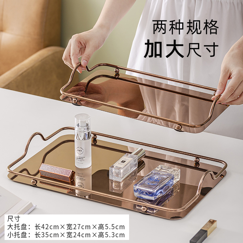 北欧创意咖啡水杯不锈钢托盘 ins风饰品轻奢镜面双耳装饰平底方盘