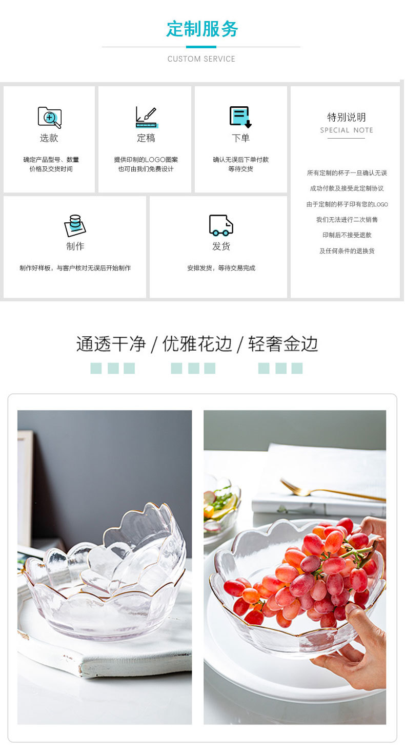 海晶玉创意皇冠金边玻璃碗北欧风透明花边水果沙拉碗甜品盘碗套装详情4