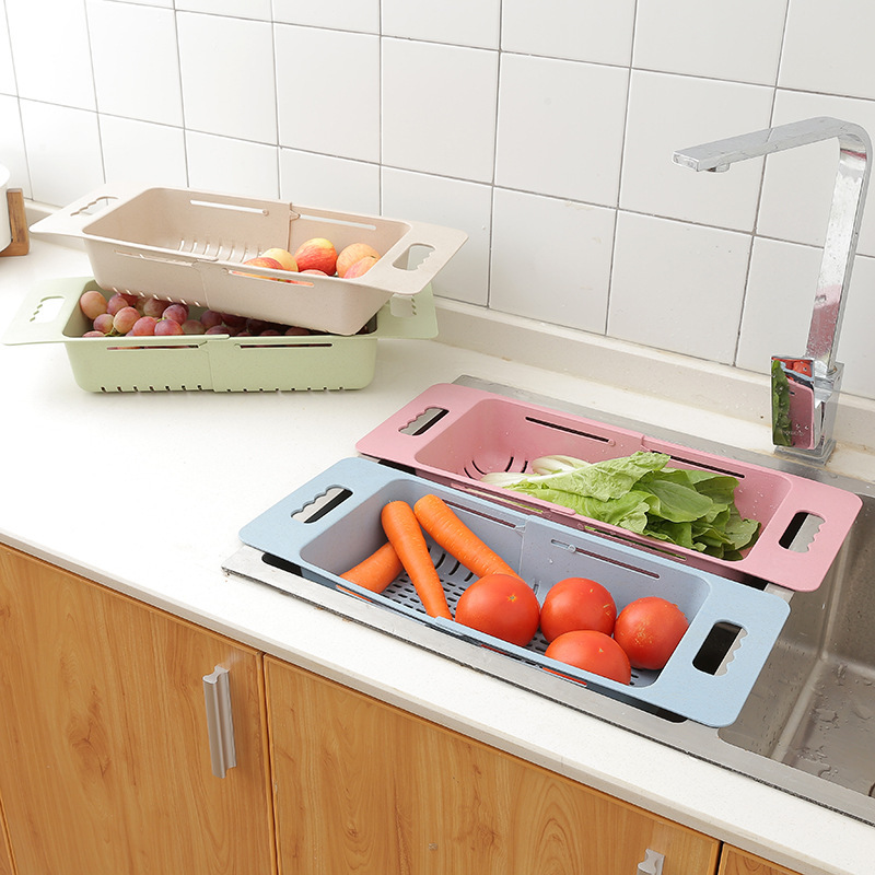 The home wheat straw extendable draining basket, the colorful kitchen portable hollowed-out draining basket for hanging fruits and vegetables details Picture