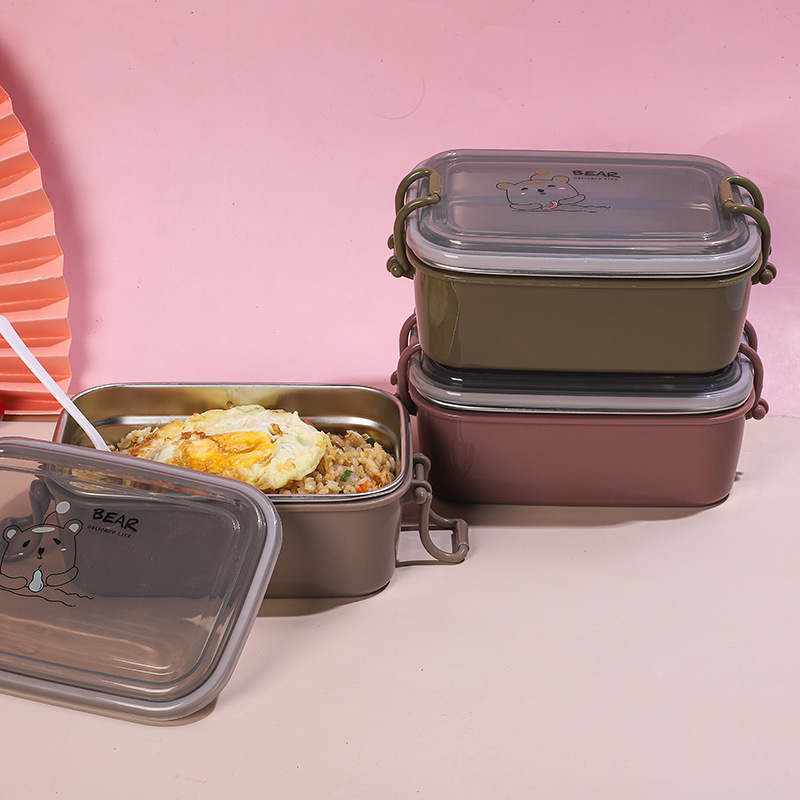 Snap-on sealed leak-proof single-layer portable lunch box, 201 stainless steel lunch box, student square fast food box with spoon Snap-on sealed leak-proof single-layer portable lunch box, 201 stainless steel lunch box, student square fast food box with spoon