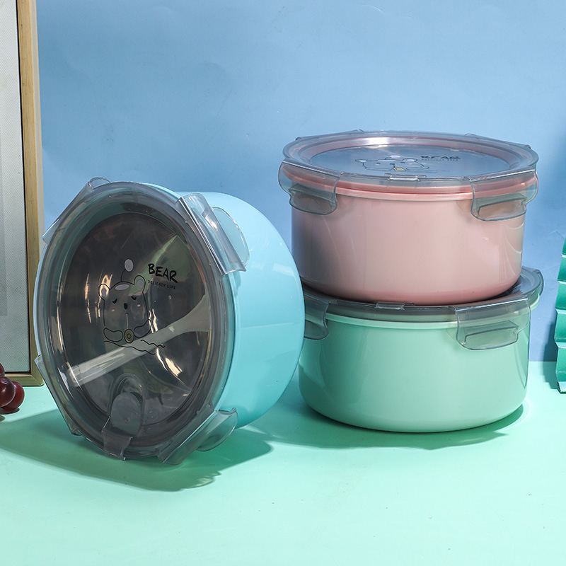 Wholesale of creative stainless steel instant noodle bowls with LIDS and spoons, four-button sealed fast food cups, and portable lunch boxes for student dormitories Specification image