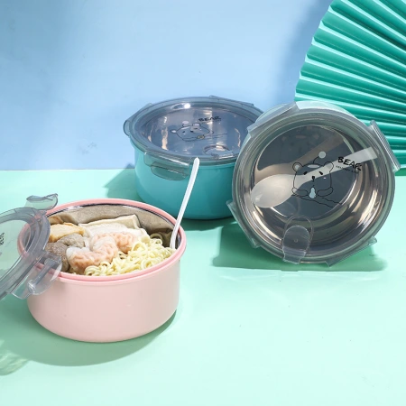 Wholesale of creative stainless steel instant noodle bowls with LIDS and spoons, four-button sealed fast food cups, and portable lunch boxes for student dormitories Wholesale of creative stainless steel instant noodle bowls with LIDS and spoons, four-button sealed fast food cups, and portable lunch boxes for student dormitories