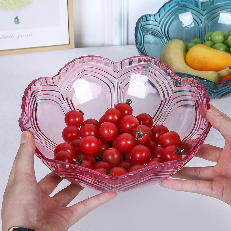 Creative fruit plate, transparent and durable tableware, living room dining table, round storage plate, PET plastic, colorful crystal fruit plate details Picture