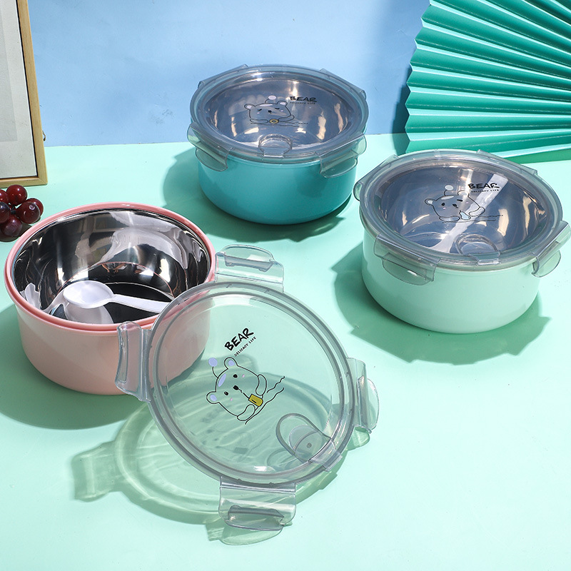 Wholesale of creative stainless steel instant noodle bowls with LIDS and spoons, four-button sealed fast food cups, and portable lunch boxes for student dormitories details Picture