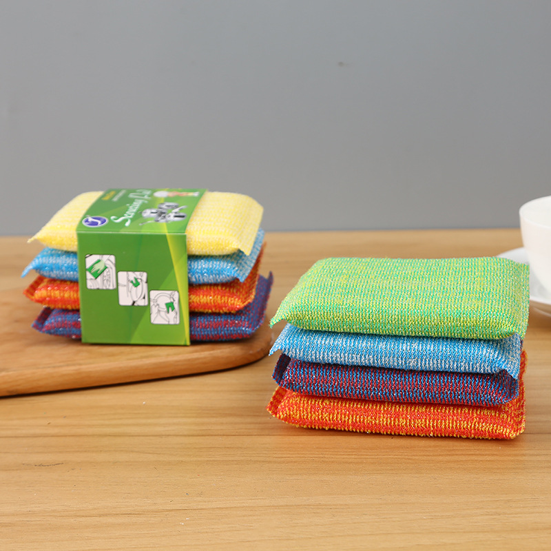 Wholesale of household cleaning products, including colorful rags, pot scrubbers, kitchen cleaning sponges, dishwashing sponges, and dishwashing sponges