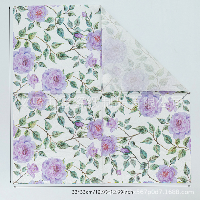 New purple rose printed napkins and tissues in stock, suitable for wholesale in Western restaurants and bakeries Specification image