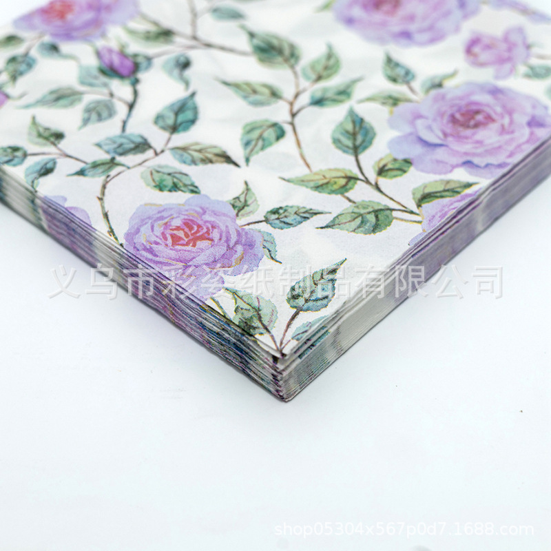 New purple rose printed napkins and tissues in stock, suitable for wholesale in Western restaurants and bakeries Application Scenario