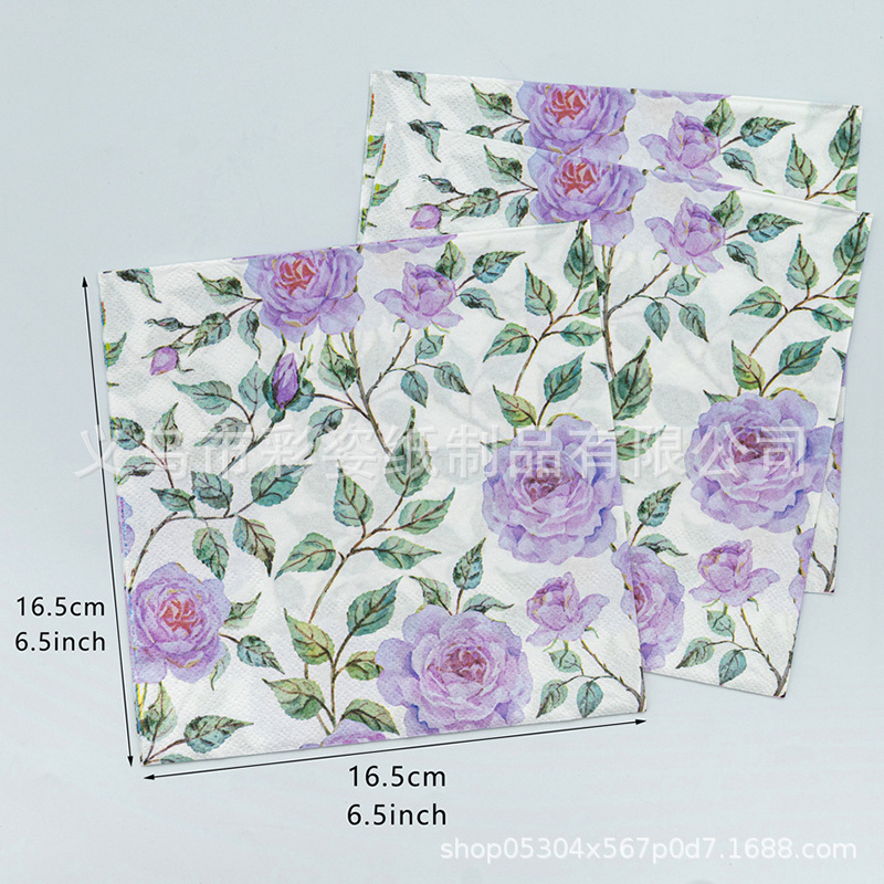 New purple rose printed napkins and tissues in stock, suitable for wholesale in Western restaurants and bakeries details Picture