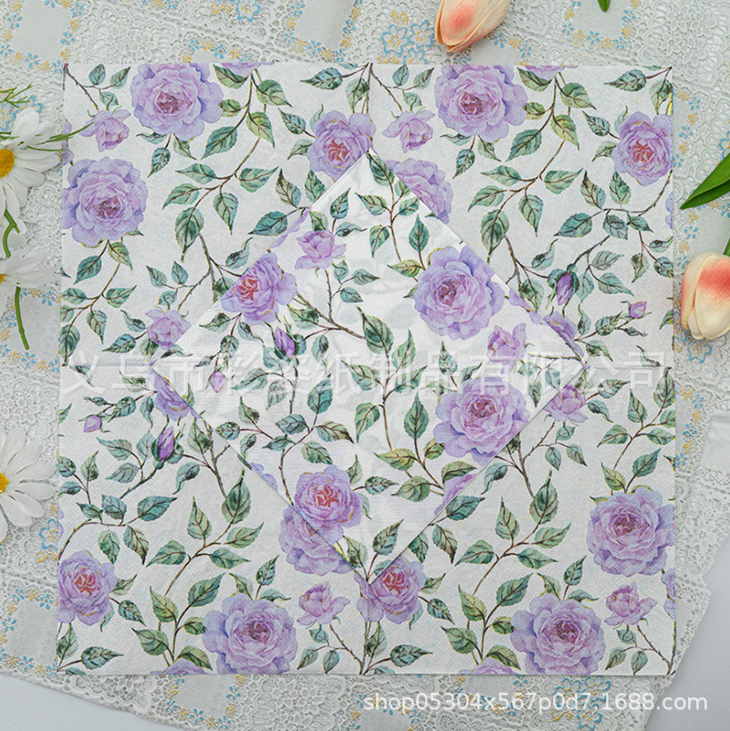 New purple rose printed napkins and tissues in stock, suitable for wholesale in Western restaurants and bakeries