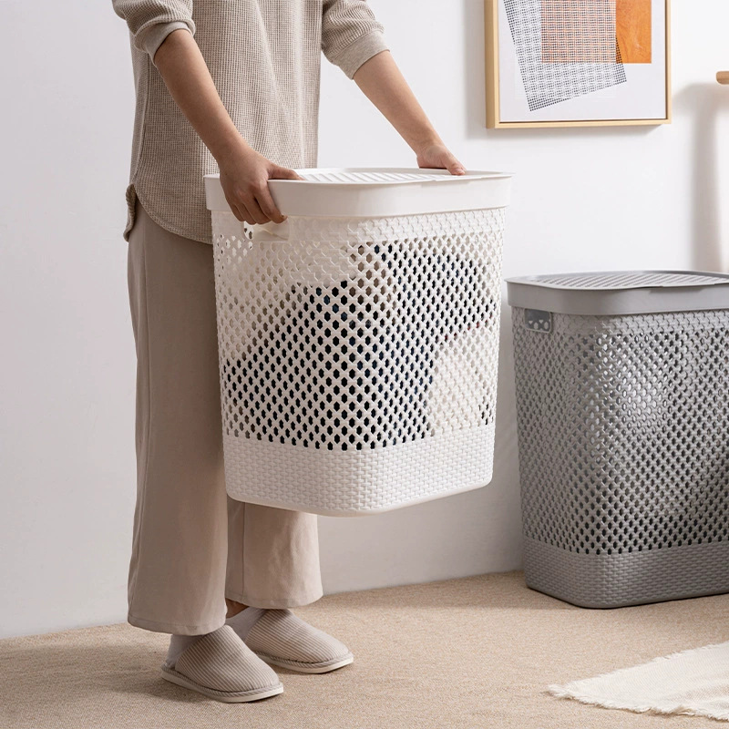 Factory direct sales of large-sized imitation rattan woven Japanese-style dirty clothes baskets, plastic laundry baskets, bathroom dirty clothes storage baskets, dirty clothes hampers details Picture