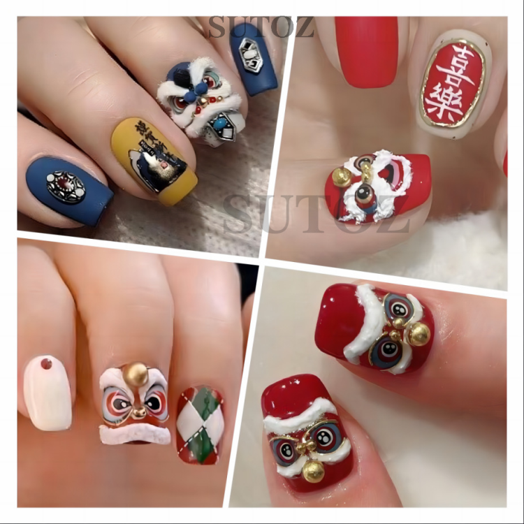 美甲贴纸 2024中国风新年喜庆国潮醒狮浮雕背胶贴