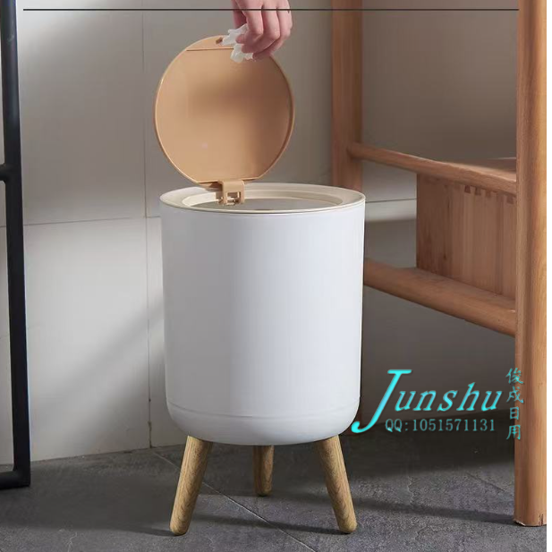 Household round high-legged trash can with wood grain imitation, kitchen and bathroom wastebasket, bedroom and living room press-type trash can details Picture