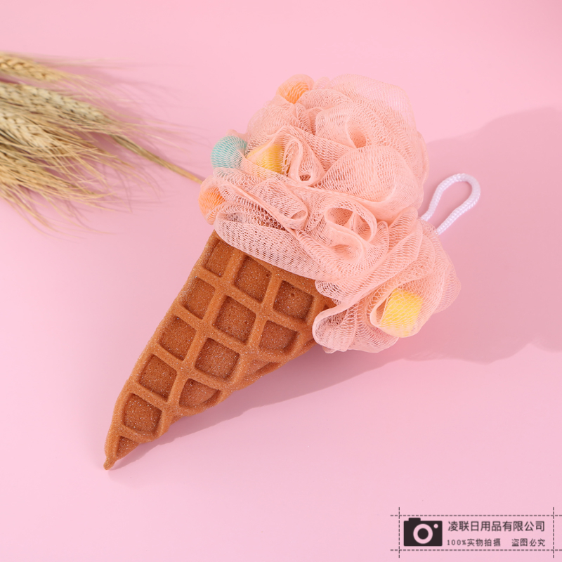 【 Qingzhi 】 Playful and cute decoration, skin-friendly and soft bath ball, high-density mesh scrub bath flower, 60g ice cream cone sponge details Picture