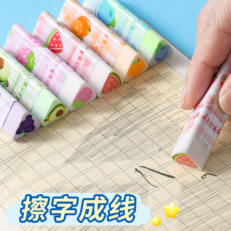 New cartoon fruit triangle eraser, free of debris, clean and easy to erase, student and children's writing eraser gift wholesale Specification drawing