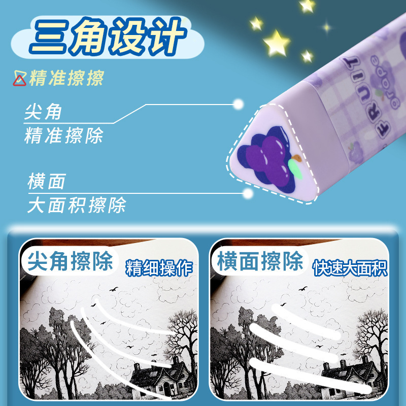 New cartoon fruit triangle eraser, free of debris, clean and easy to erase, student and children's writing eraser gift wholesale Application Scenario