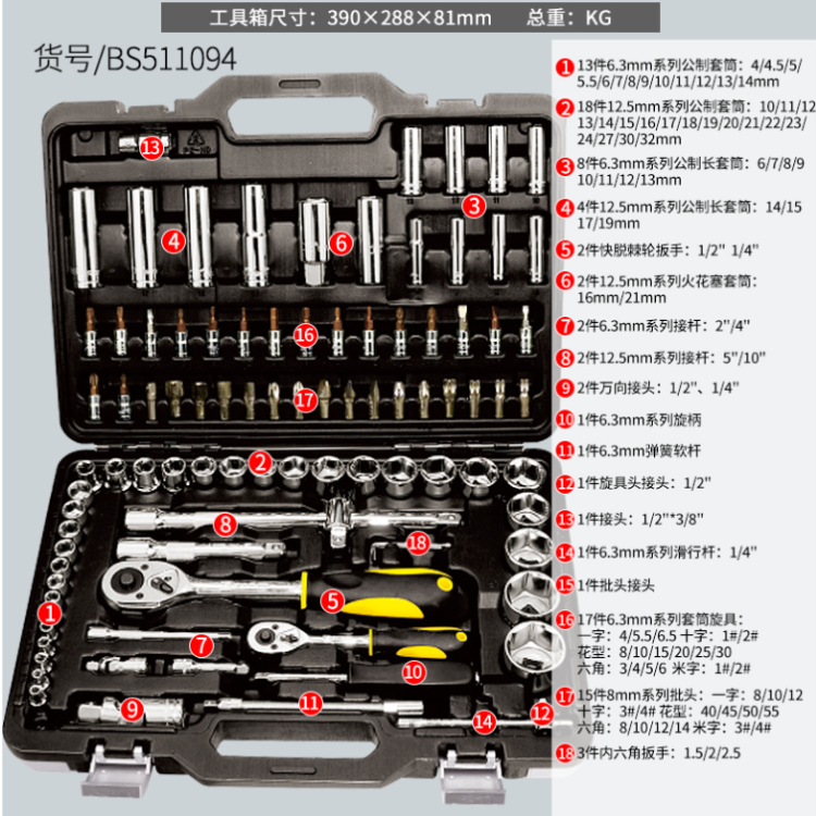 Persian Tools 94-piece set metric sleeve set 1/4 1/2 series machine repair set Auto repair set genuine product