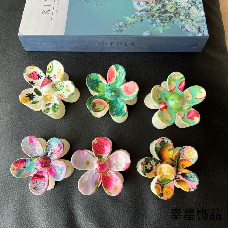 5-petal flower women's hair clips, hair gripper clips, updo hair accessories, cross-border foreign trade gripper, fashionable UV printed custom hair accessories Specification image