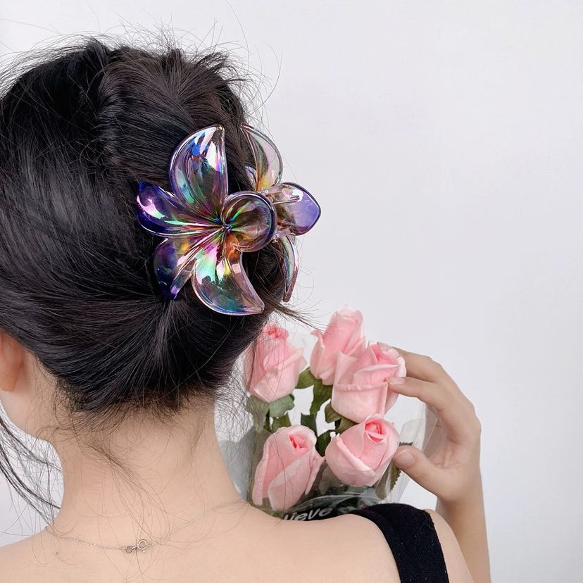 European and American frangipani seaside vacation hair clip, back of the head updo, side grab Bauhinia flower grab clip, shark clip hair accessory pic 1