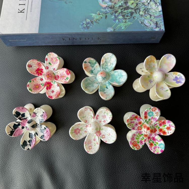 5-petal flower women's hair clips, hair gripper clips, updo hair accessories, cross-border foreign trade gripper, fashionable UV printed custom hair accessories Item Picture