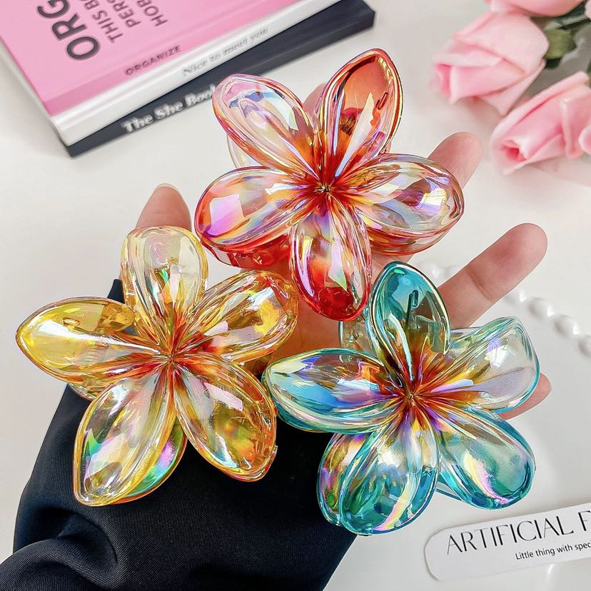 European and American frangipani seaside vacation hair clip, back of the head updo, side grab Bauhinia flower grab clip, shark clip hair accessory pic 4