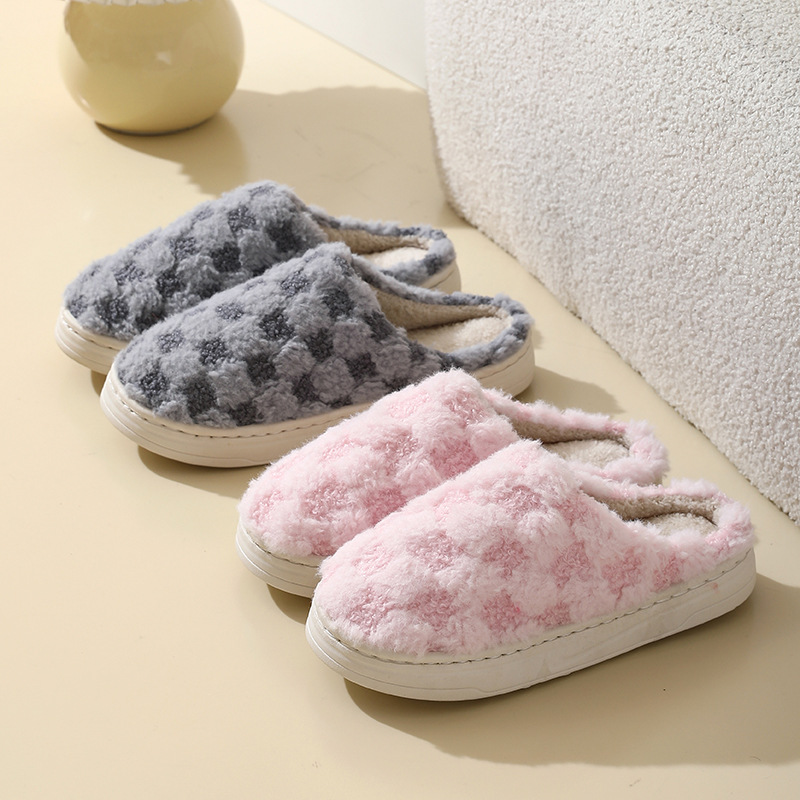 Keke Liangpin Winter cotton slippers for men, thick-soled indoor home warmth and comfort, fleece home anti-slip couple slippers details Picture