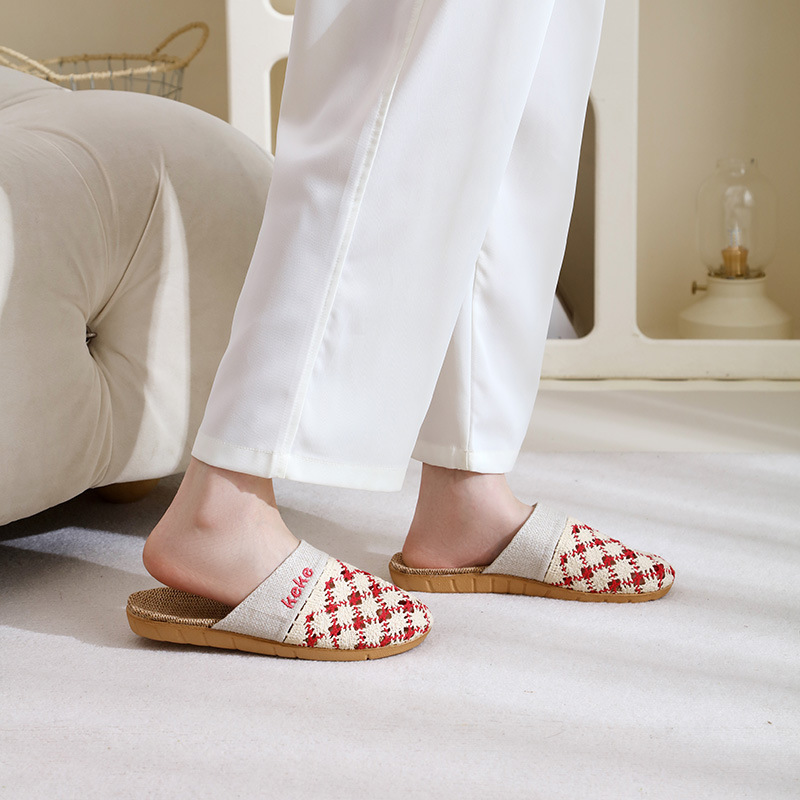 Keke Liangpin Hollowed-out home linen slippers for women, summer anti-slip, wear-resistant, breathable, sweat-absorbing, soft-soled floor cool slippers for men full figure