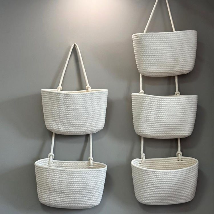 家用壁挂式收纳篮整理杂物三层吊篮墙挂编织篮子环保手工整理产品图