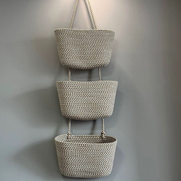 家用壁挂式收纳篮整理杂物三层吊篮墙挂编织篮子环保手工整理白底实物图