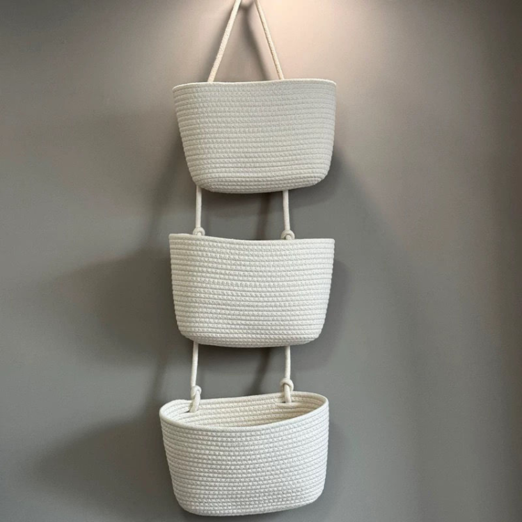 家用壁挂式收纳篮整理杂物三层吊篮墙挂编织篮子环保手工整理