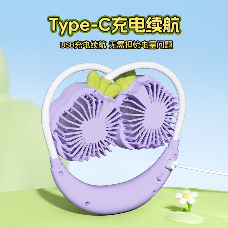 New neck-hanging fan with USB rechargeable, small flower outdoor portable light sound summer cartoon mini fan for lazy people Specification image