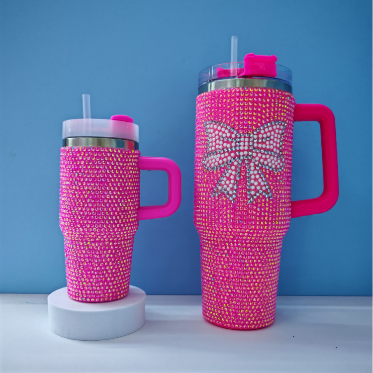 跨境14OZ镶钻汽车杯 水杯 贴钻304不锈钢保温保冷手柄车载杯