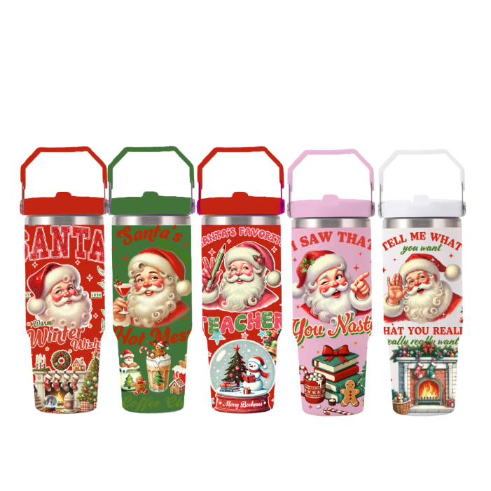 跨境厂家直销 30OZ圣诞吸管汽车杯不锈钢车载杯提手杯现货STOCK