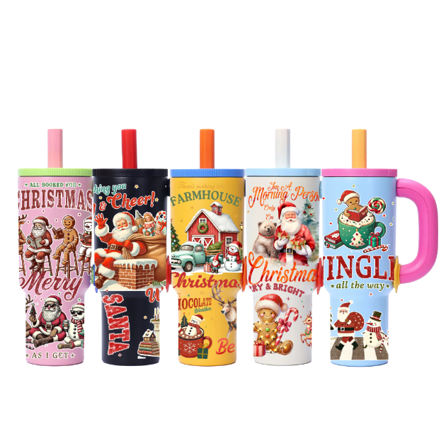 跨境厂家直销 40OZ圣诞汽车杯不锈钢吸管杯车载杯手柄保温杯STOCK
