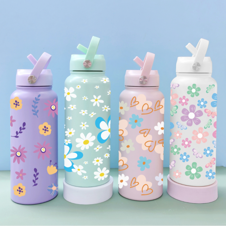 小清新304不锈钢保温杯双层真空花朵爱心大容量直身杯提绳便携杯