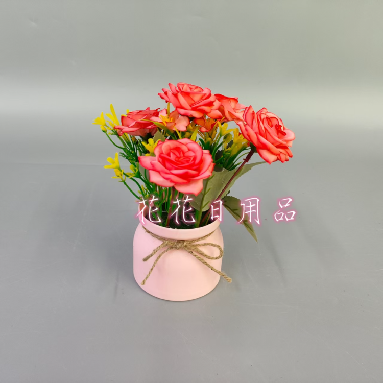 仿真花假花盆景塑料盆角玫装饰摆件品白底实物图