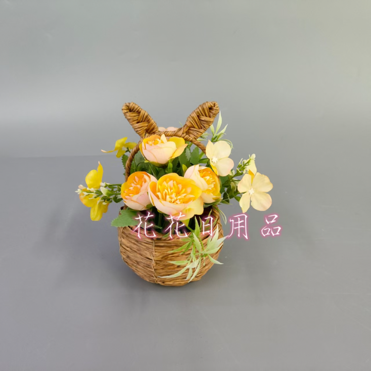 仿真花假花盆景竹篮盆子牡丹花装饰摆件品