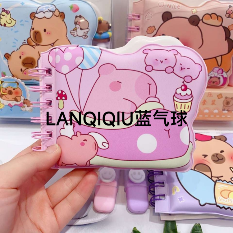 Capibara Stress Relief Notebook Cartoon Highlighter Set Coil Inflatable Notebook Capybara Diary Coil Book details Picture