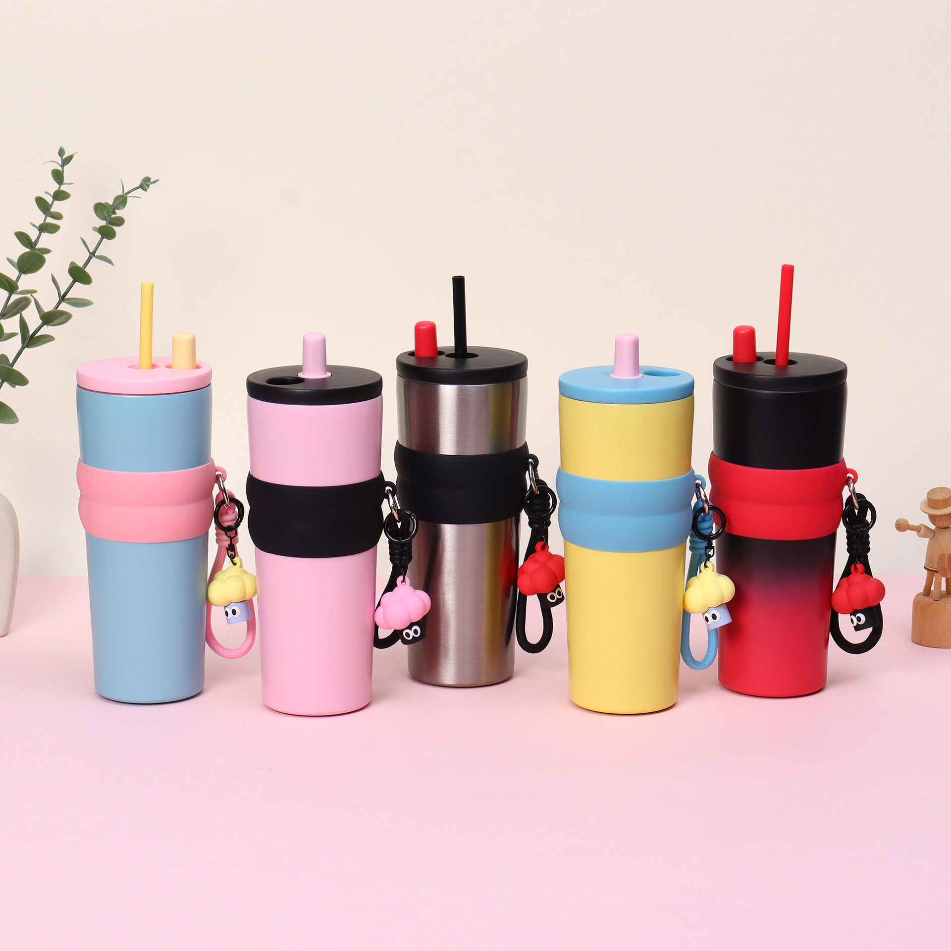 新款大容量不锈钢保温杯双饮咖啡杯车载冰霸杯手提随行吸管水杯