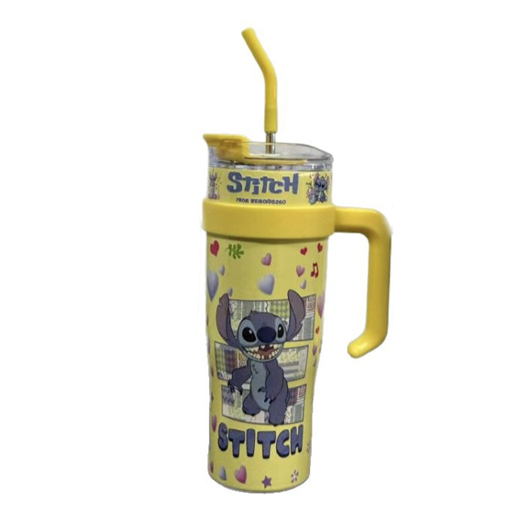 新款时尚创意卡通图案保温杯简约便携带手柄吸管杯户外高颜值水杯