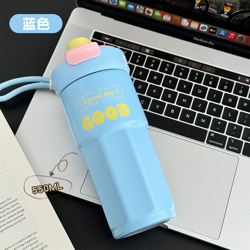 新款高颜值ins风不锈钢保温杯双饮吸管家用杯大容量男女学生水杯白底实物图