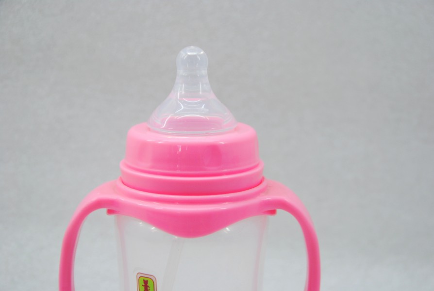 Wide-mouth plastic baby bottle with handle and automatic straw, 300ml for newborns and mothers pic 3