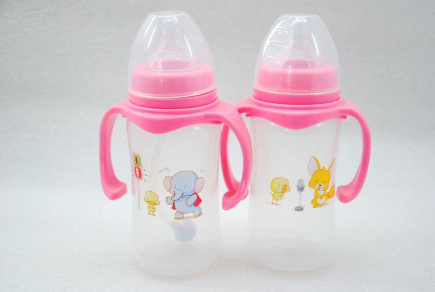 Wide-mouth plastic baby bottle with handle and automatic straw, 300ml for newborns and mothers pic 1