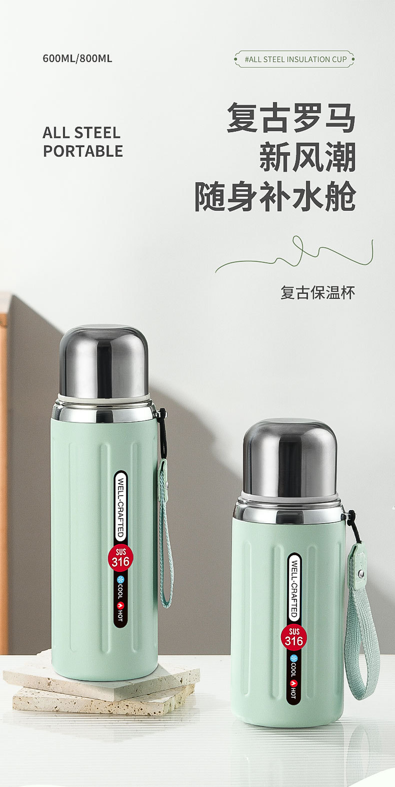 新款316不锈钢罗马柱保温杯复古大容量户外便携杯女生高颜值水杯详情1