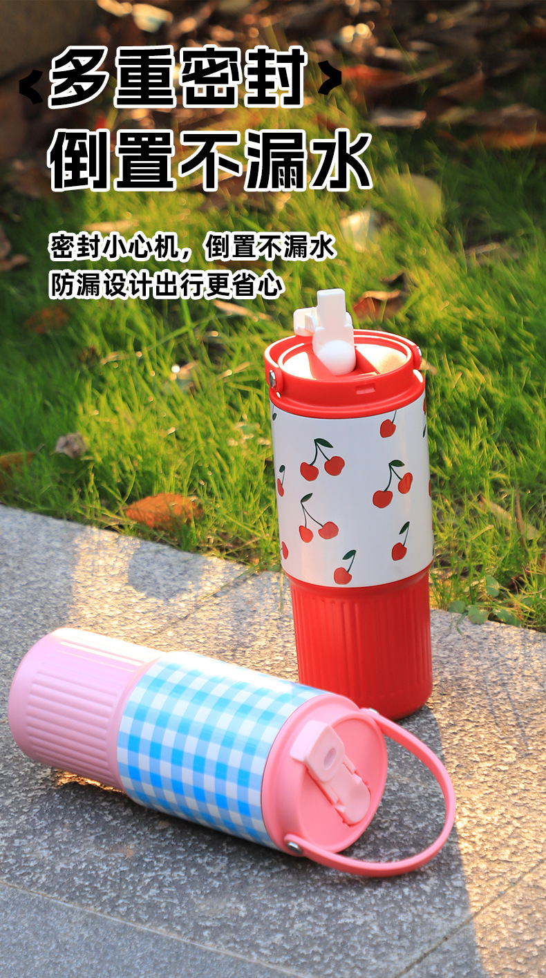 新款创意格子不锈钢冰霸保温杯带手柄吸管高颜值便携手提车载杯详情5