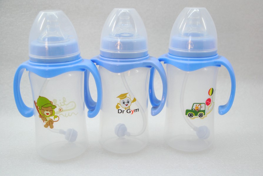 Wide-mouth plastic baby bottle with handle and automatic straw, 300ml for newborns and mothers pic 6