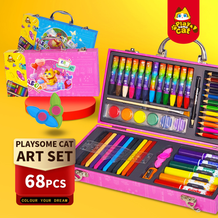 68-piece children's painting gift box set, children's festival gifts, student watercolor pens, colored pens and crayons wooden box set Specification drawing