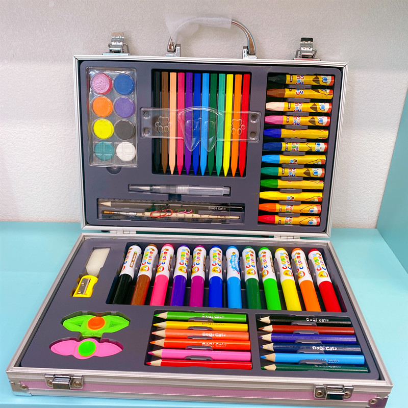 Factory direct sales of 90-piece aluminum box paintbrush painting set, student watercolor pens, Children's Day graffiti gift box details Picture