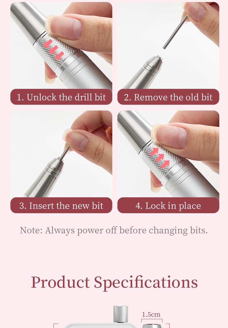 新款美甲打磨机40000转充电式磨甲机空心杯无刷低噪音卸甲打磨机详情13